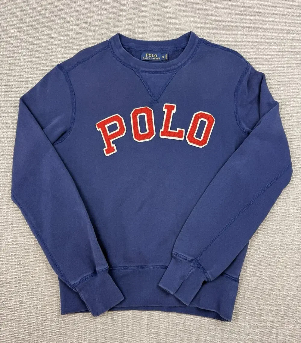 Polo Ralph Lauren Sweatshirt Small Blue Fleece Crewneck Spell Out Logo